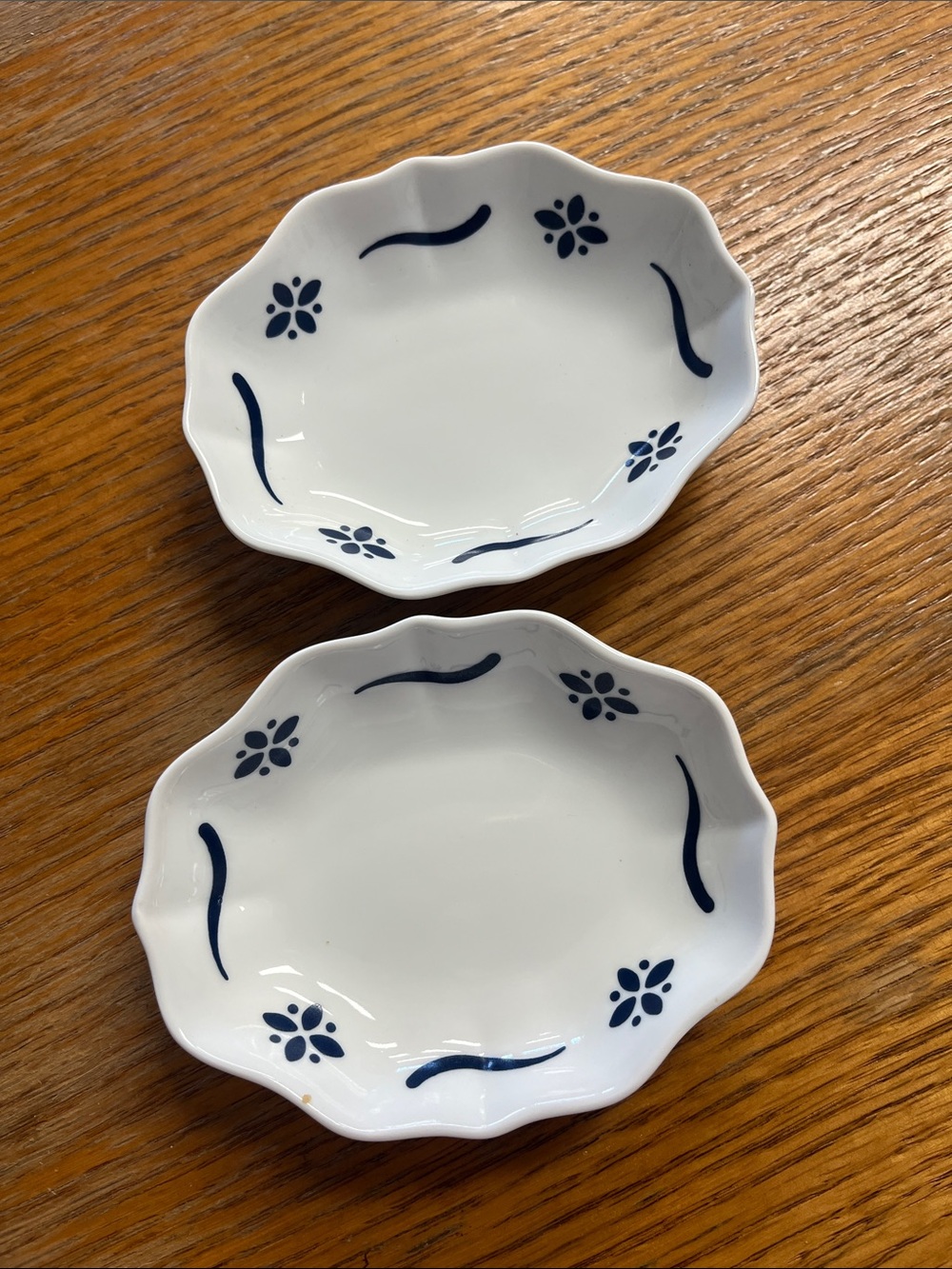 White Ceramic Scalloped Jewelry Dishes with Navy Floral Accents